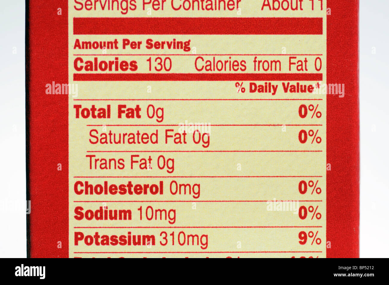 Nährwertangaben auf Lebensmittel-Paket Stockfoto