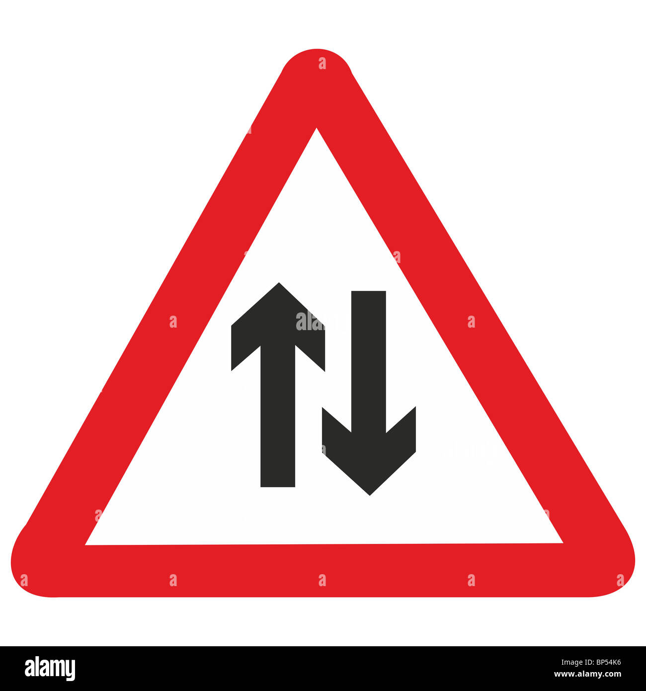 UK Straße Zeichen Pfeile zwei-Wege-Verkehr fahren links Stockfoto
