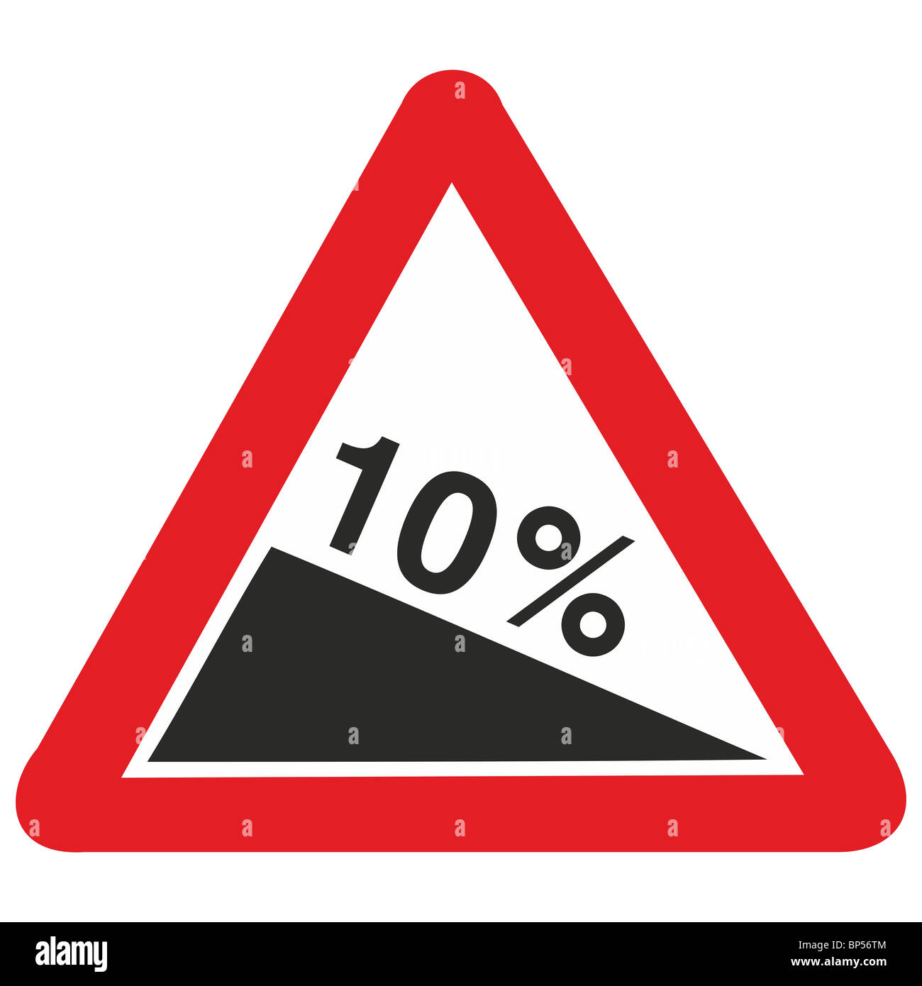 UK-Straßenschild steile Hügel Steigung Gefälle bergab 10 Prozent zehn Stockfoto