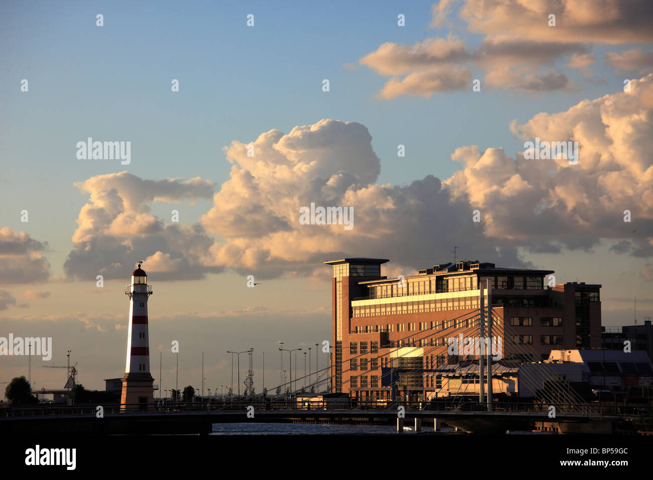 Schweden, Malmö, Malmö, Hafen, Leuchtturm, Sonnenuntergang Himmel, Stockfoto