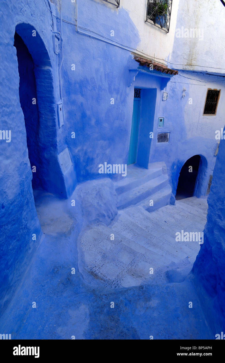 Blue Walls, Blue Architecture, Blue Street or Lane & Blue Houses, Chefchaouen, Marokko Stockfoto