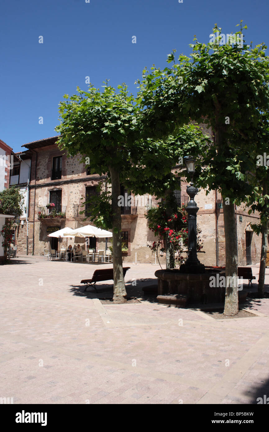 Hauptort Platz Plaza De La Verdura, Ezcaray, La Rioja, Spanien mit Reben und café Stockfoto