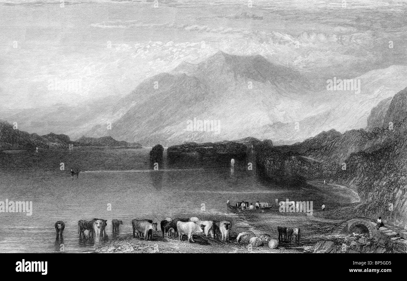 Gravur von Skiddaw Berg mit See und Vieh im Vordergrund, Nationalpark Lake District, England, Stockfoto