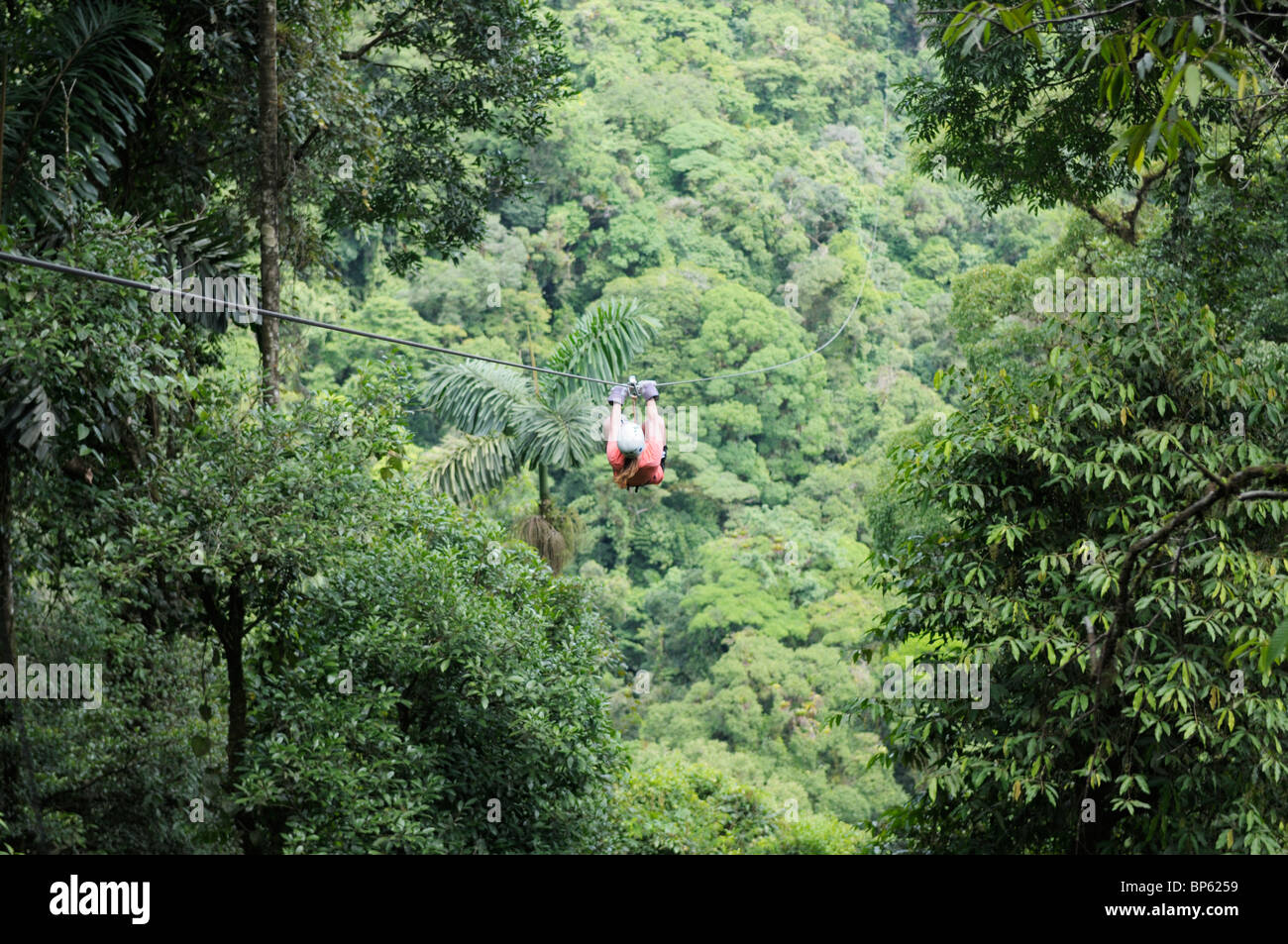 Mädchen reiten einer Seilrutsche über den Regenwald Baumkronen, La Fortuna, Costa Rica Stockfoto