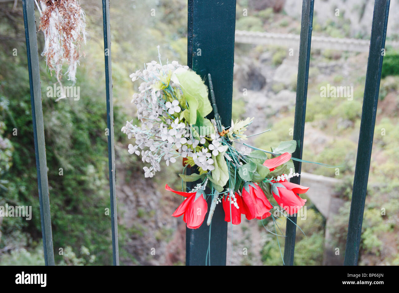 Blumen gebunden, Brücke über die Schlucht in Spanien Stockfoto