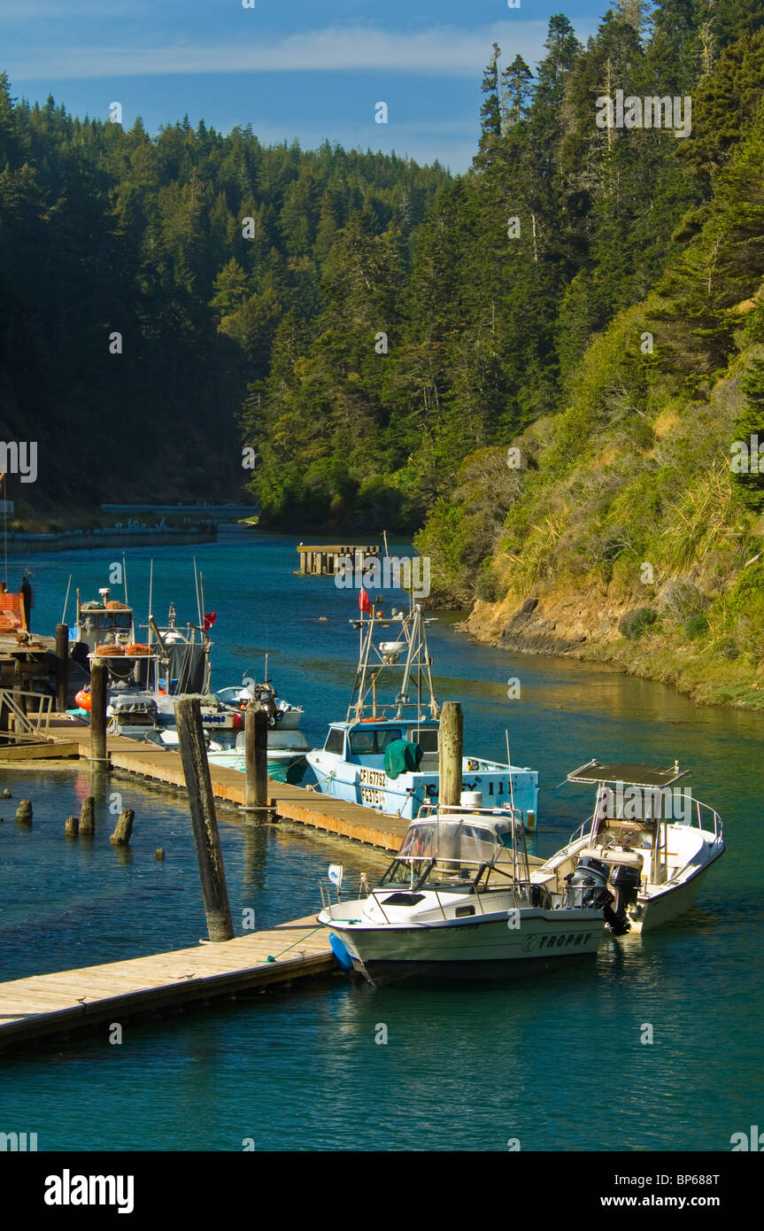 Angelboote/Fischerboote angedockt im Fluss Albion, Mendocino County, Kalifornien Stockfoto