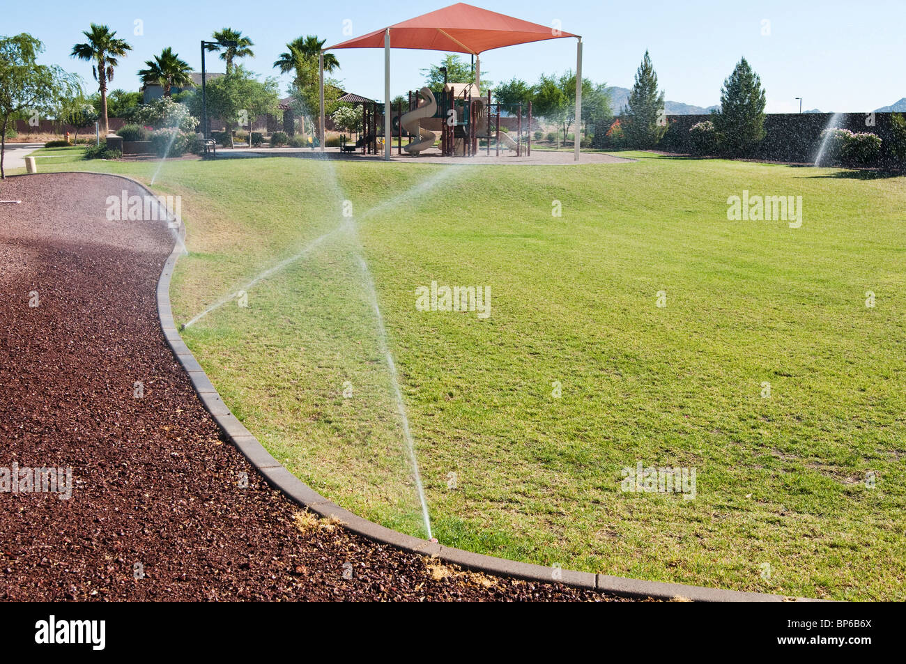 Eine automatische Bewässerungsanlage wird verwendet, um den Rasen in einem Stadtpark in Arizona zu Wasser. Stockfoto