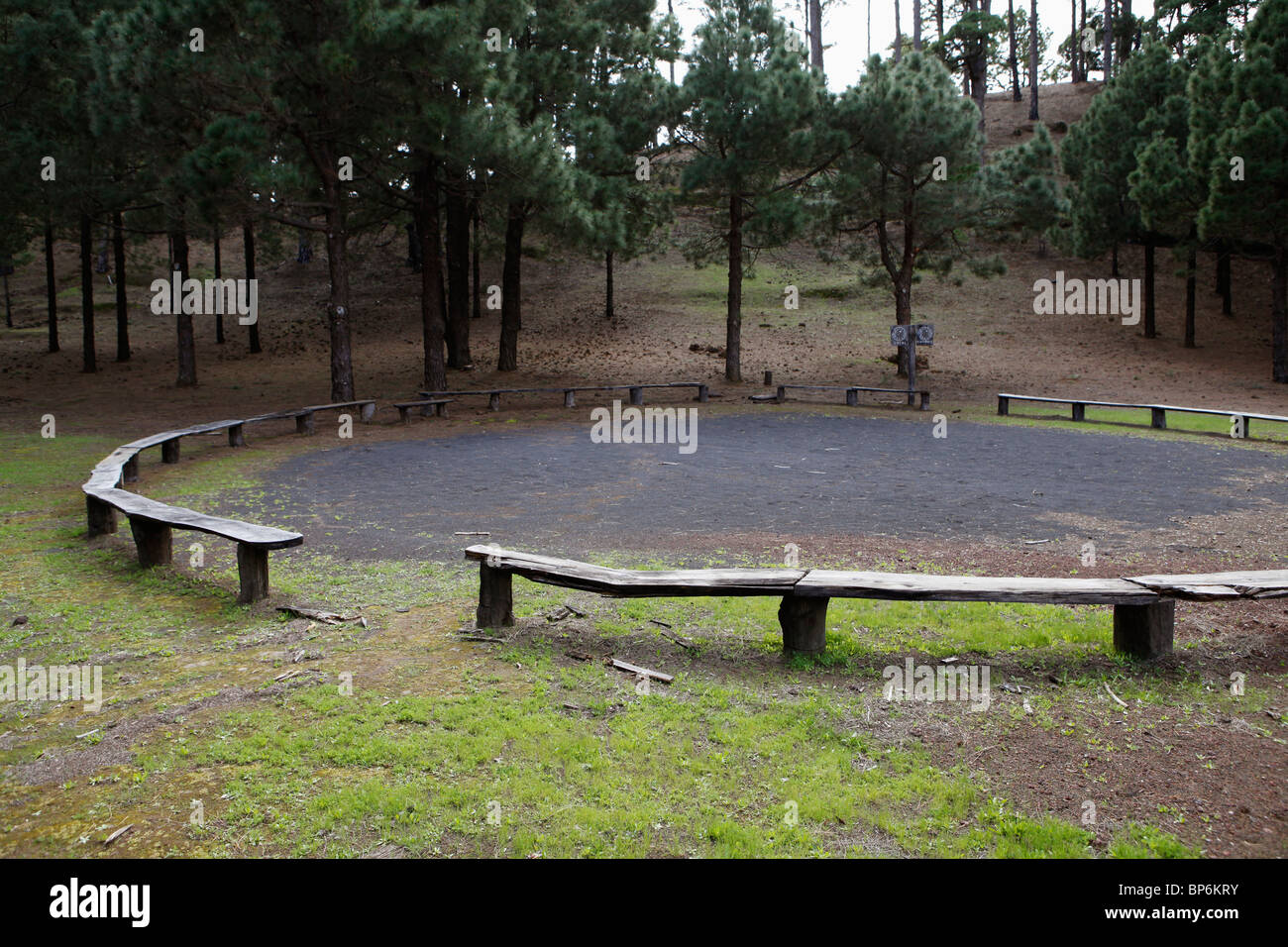 Holzbänke, die in einem Kreis in einem Park angeordnet Stockfoto