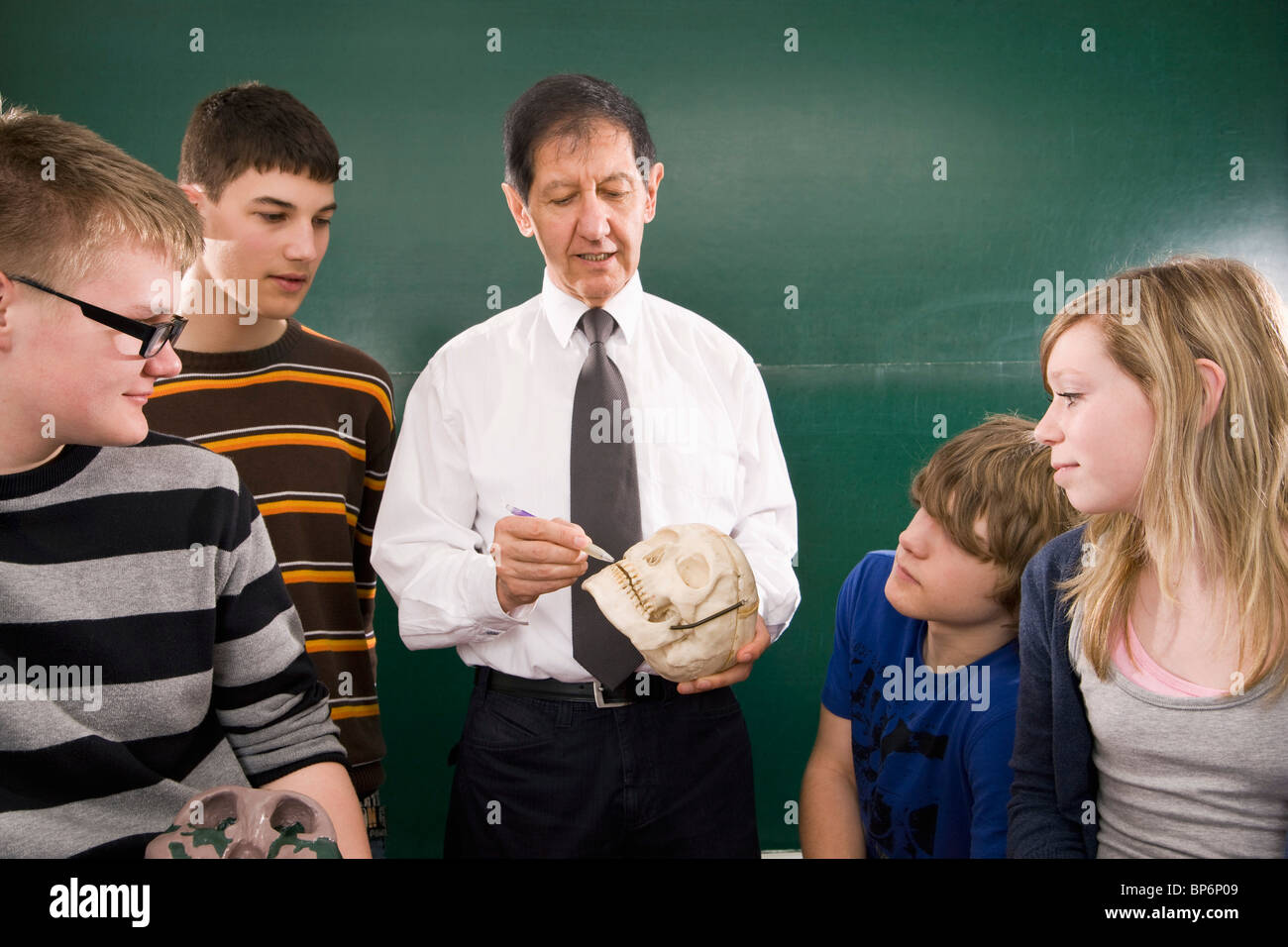 Biologie-Lehrer-Ausbildung von Studenten über den menschlichen Schädel Stockfoto