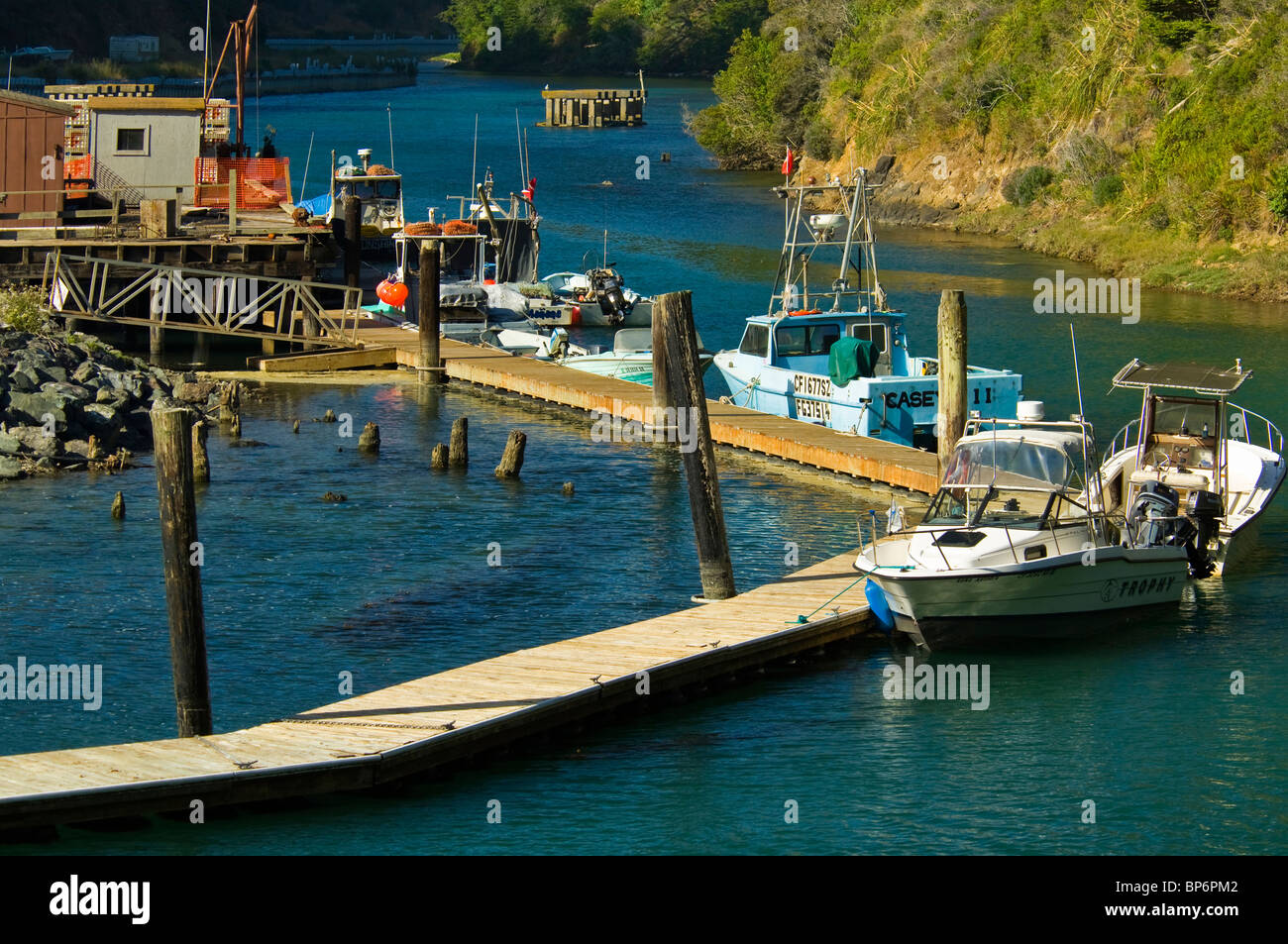 Angelboote/Fischerboote angedockt im Fluss Albion, Mendocino County, Kalifornien Stockfoto