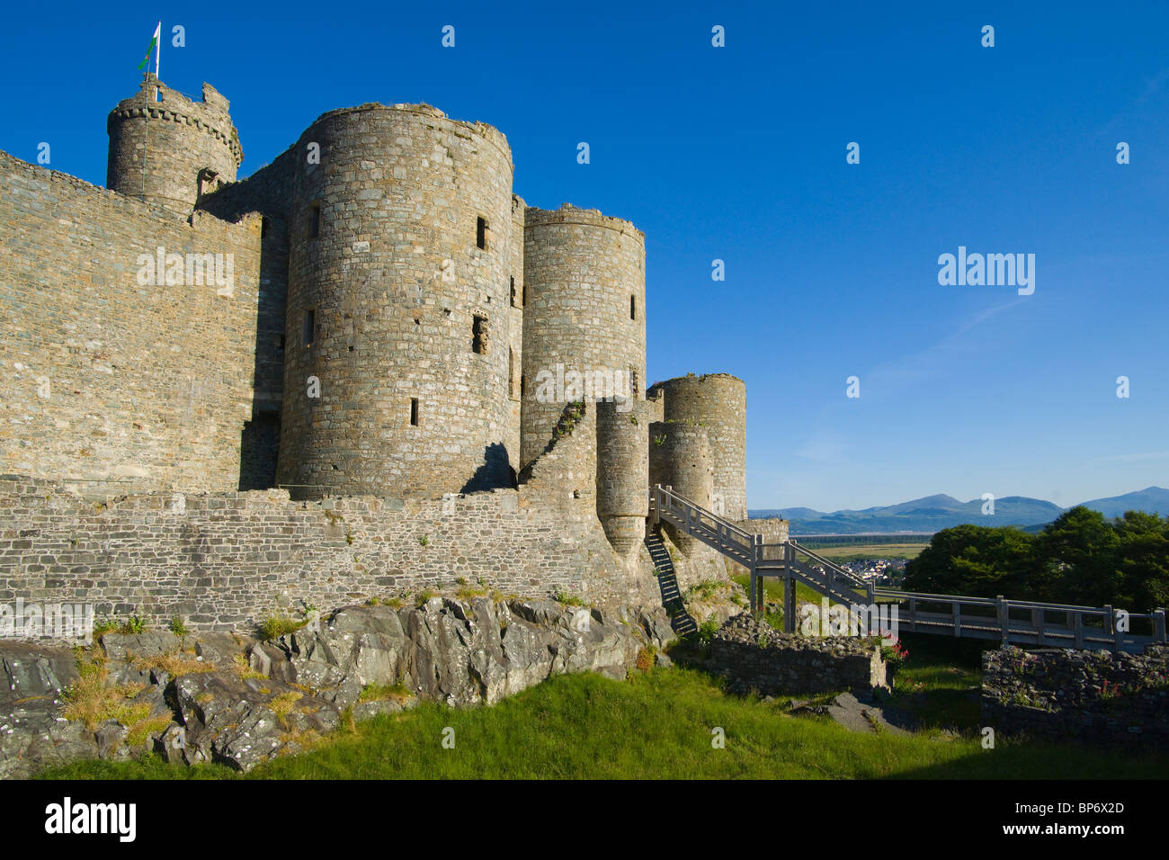 Harlech Castle, Gwynedd, Nordwales, Abendlicht. Stockfoto