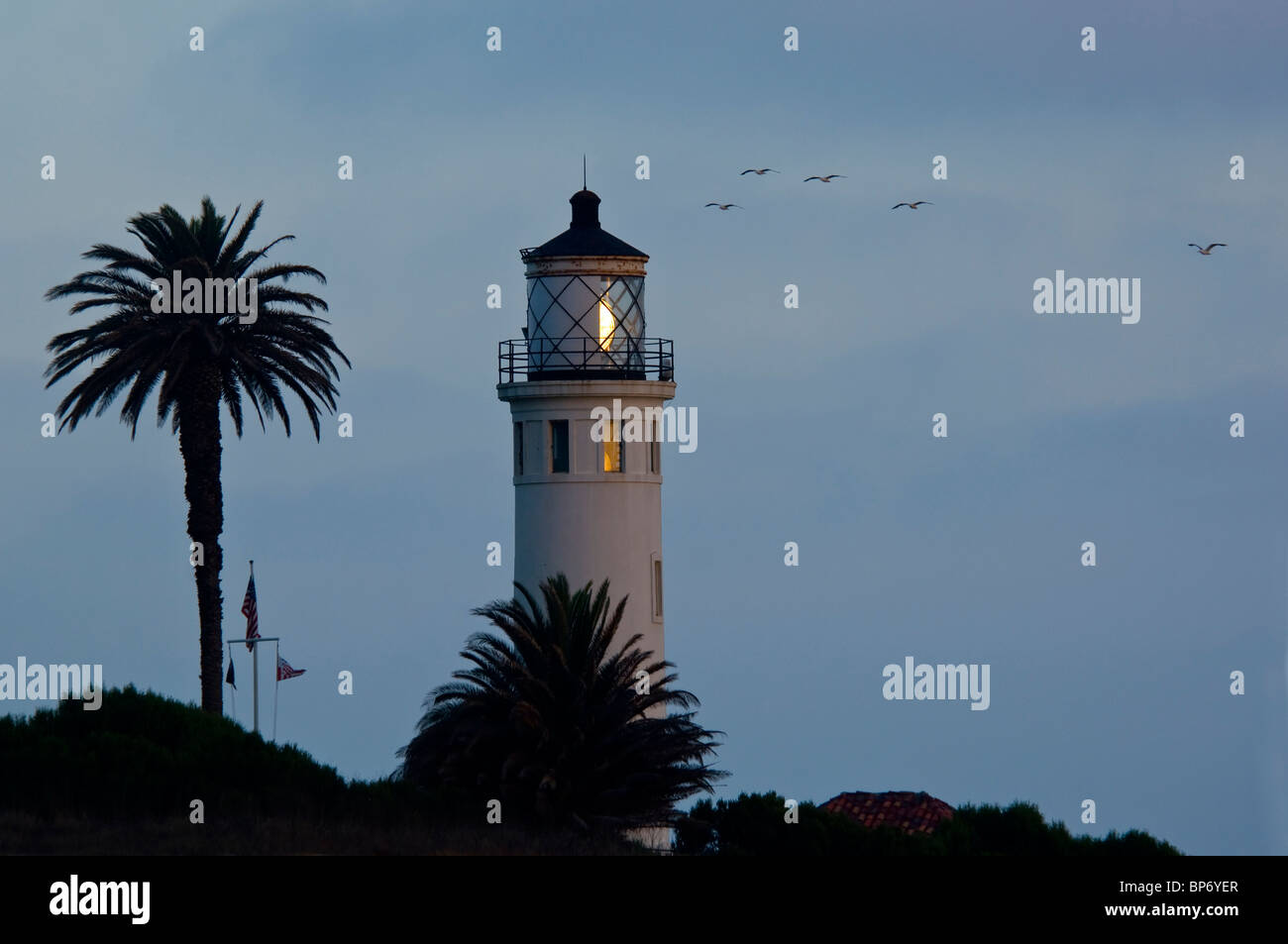 Vögel fliegen vorbei Vicente Leuchtturm in Abend, Point Vicente, Halbinsel Palos Verdes, Kalifornien Stockfoto