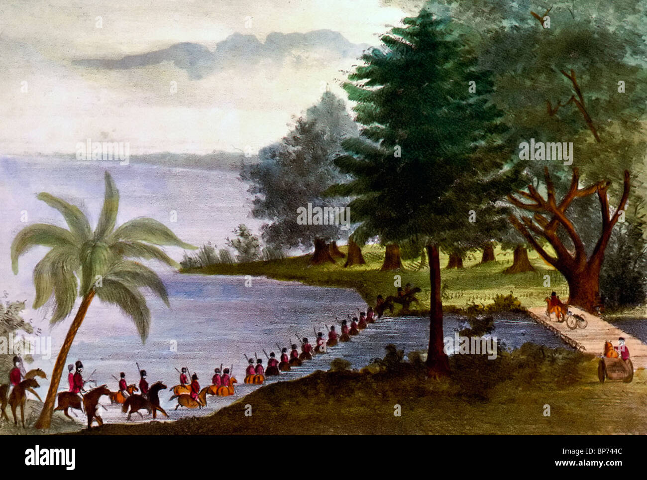 Truppen fording See Ocklawaha während dem zweiten Seminolenkrieg (1835-1842), Florida USA 1837 Stockfoto