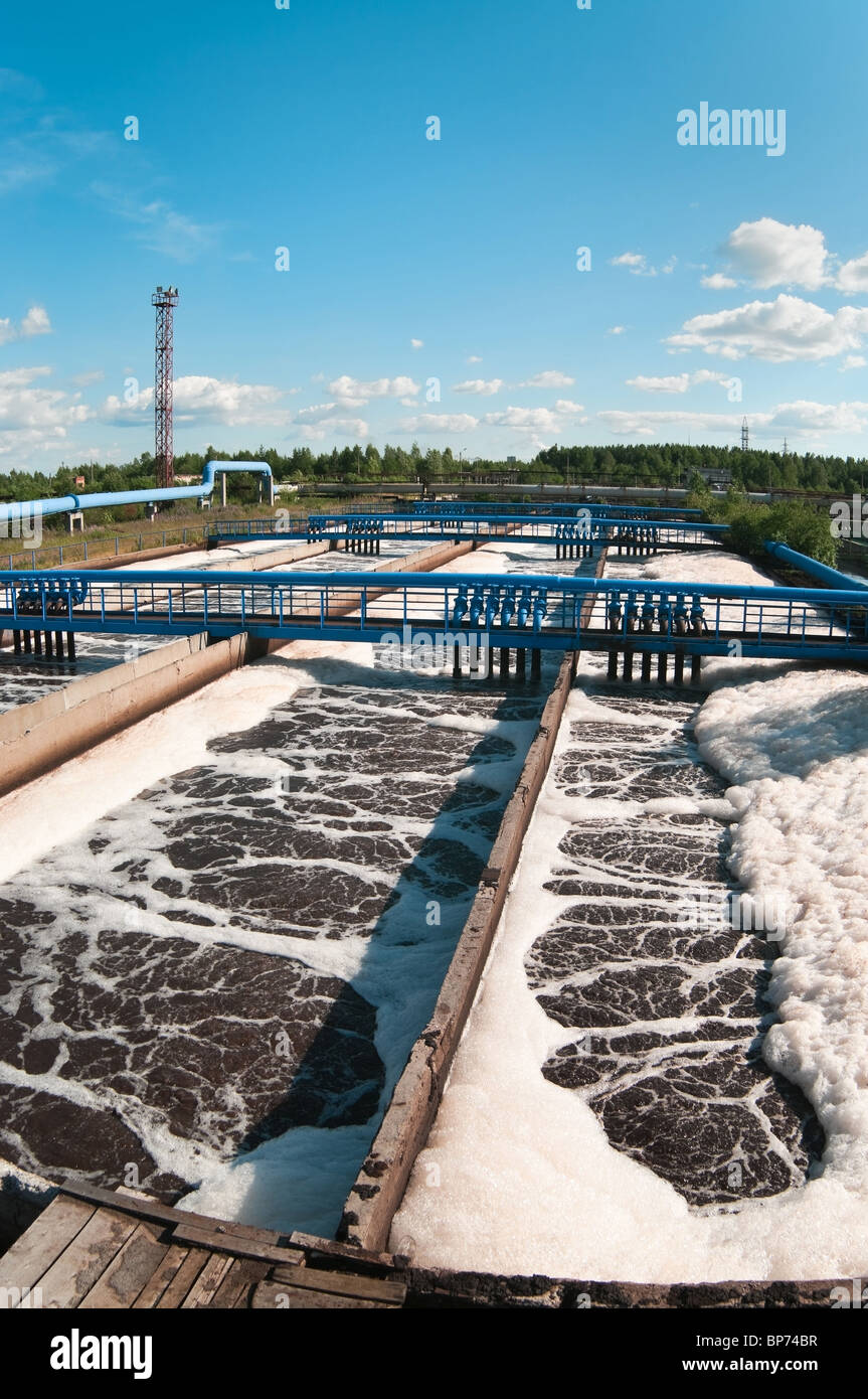 Gruppe von großen Sedimentation Drainagen runden Form. Wasser absetzen, Reinigung im Tank von biologischen Organismen Stockfoto