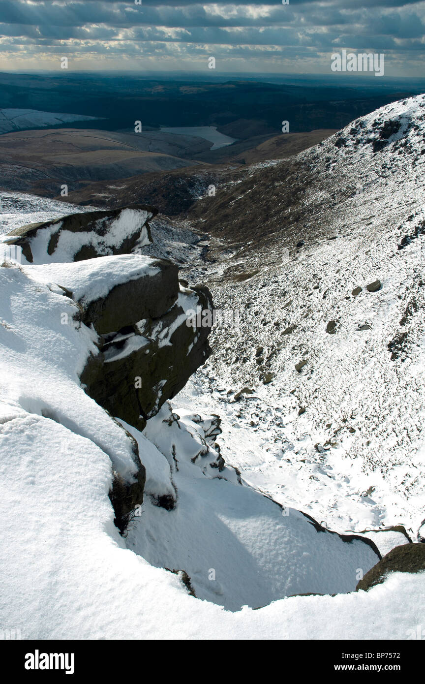 Kinder Reservoir vom Kinder Scout Plateau im Winter, in der Nähe von Hayfield, Peak District, Derbyshire, England, Großbritannien Stockfoto