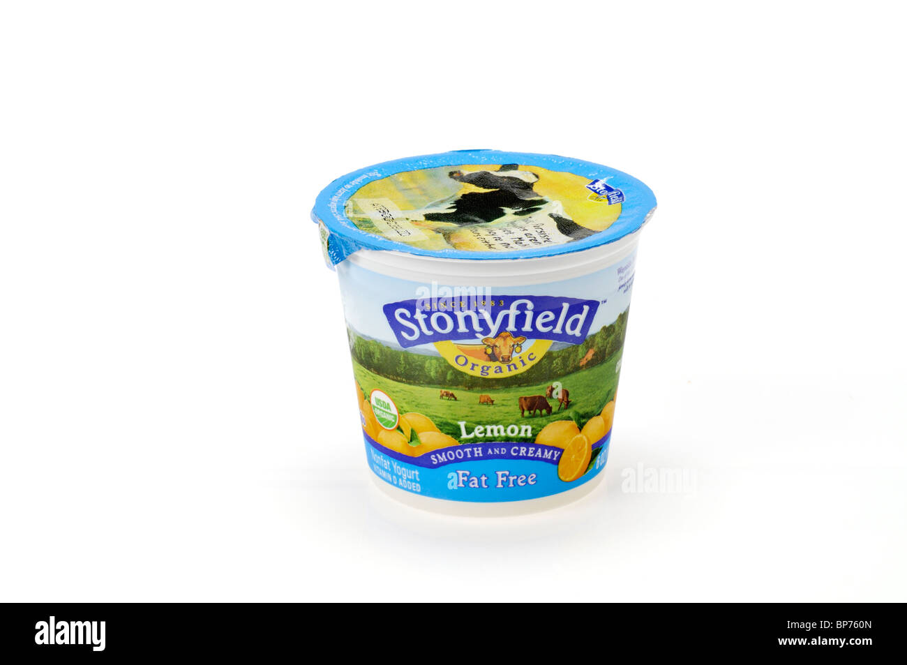 Ungeöffnete einzelner Container der Stonyfield Bio Zitrone Non-Fat Joghurt auf weißem Hintergrund. Ausschneiden. Stockfoto