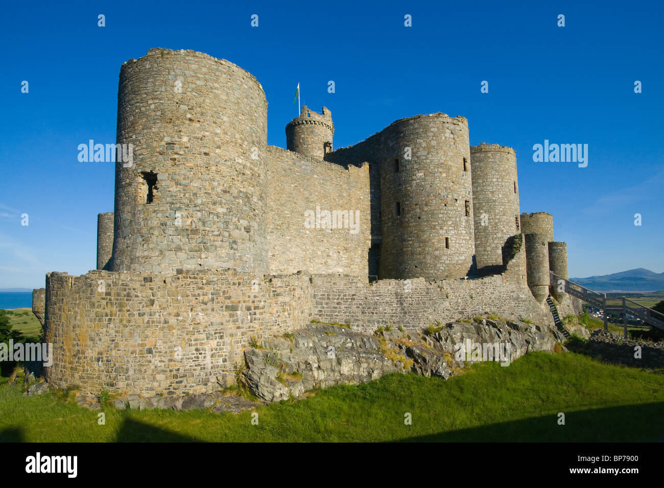 Harlech Castle, Gwynedd, Nordwales, Abendlicht. Stockfoto