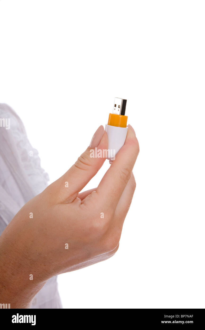 Frau mit USB-Memory-Stick. Stockfoto