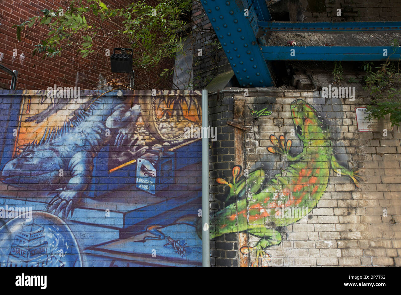 Tierwelt-Wandbild einschließlich einer Gecko Eidechse unter einer Eisenbahnbrücke in Kilburn, London. Stockfoto