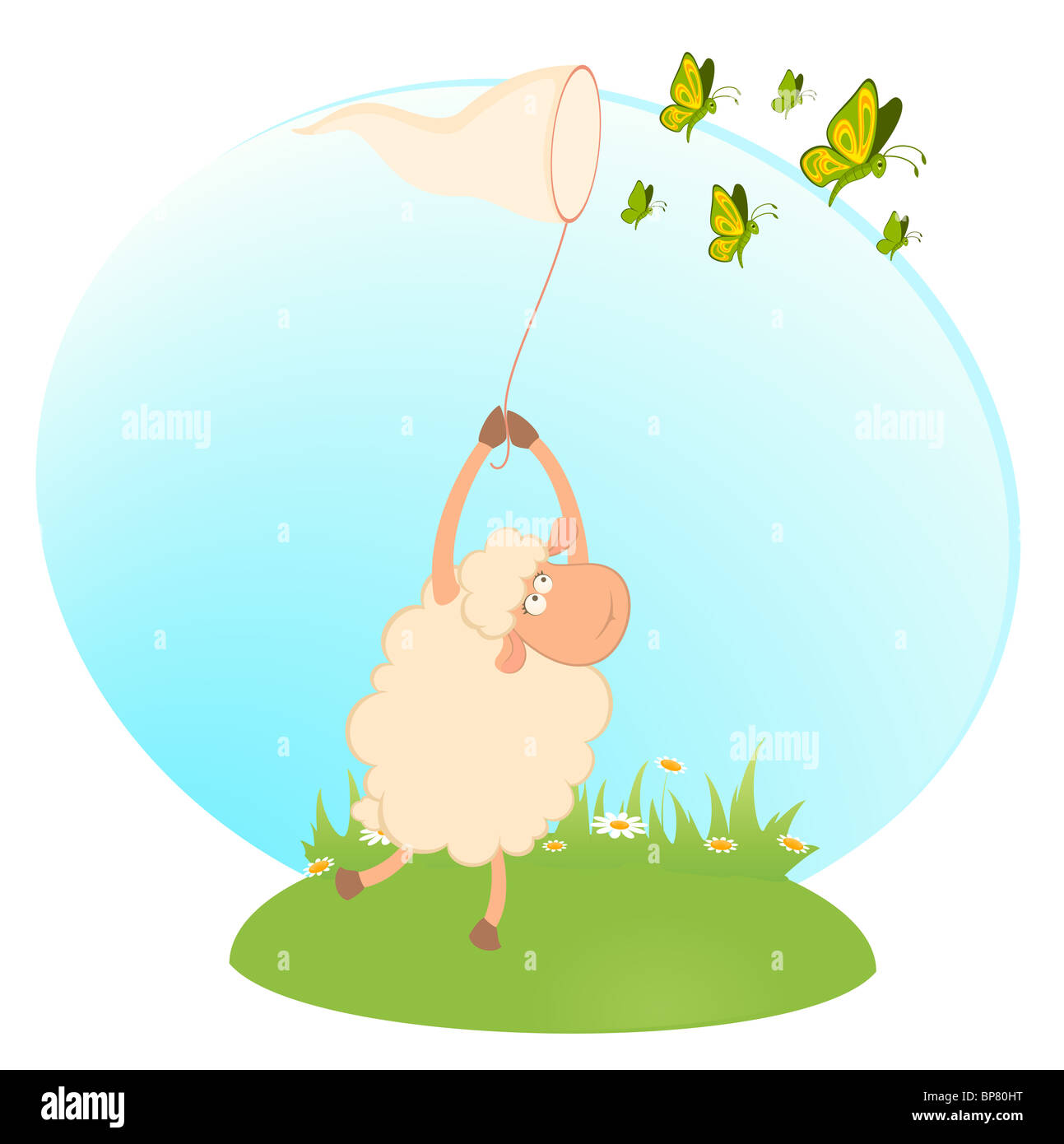 Lustige Cartoon Schafe fängt Schmetterlinge Stockfoto