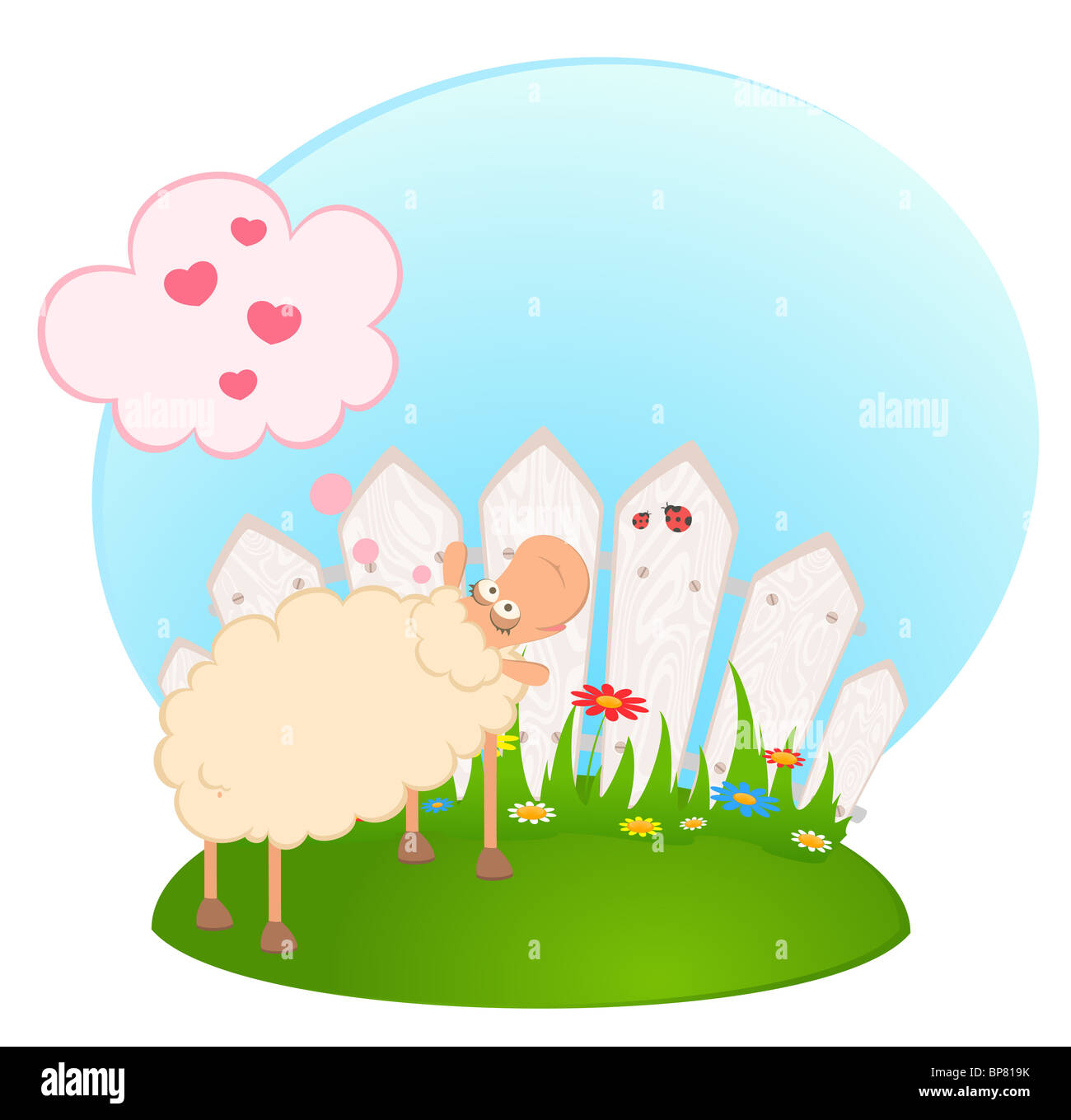 Cartoon, die Schafe nach einem Zaun Lächeln Stockfoto
