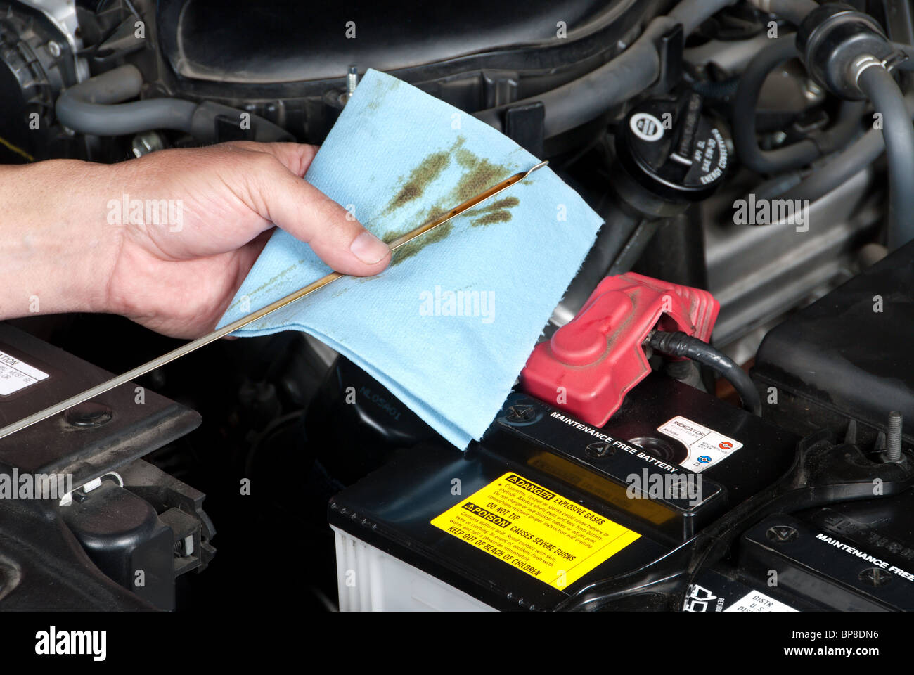 Kfz-Mechaniker prüft den Ölstand im Motor eines Autos bei der routinemäßigen Wartung. Stockfoto