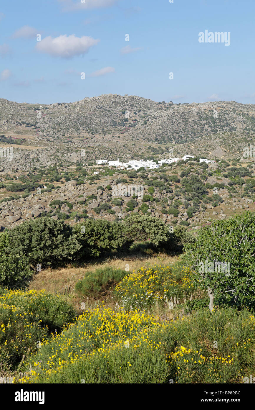 Panorama Mountain Village der Volas, Insel Tinos, Kykladen, Ägäis, Griechenland Stockfoto