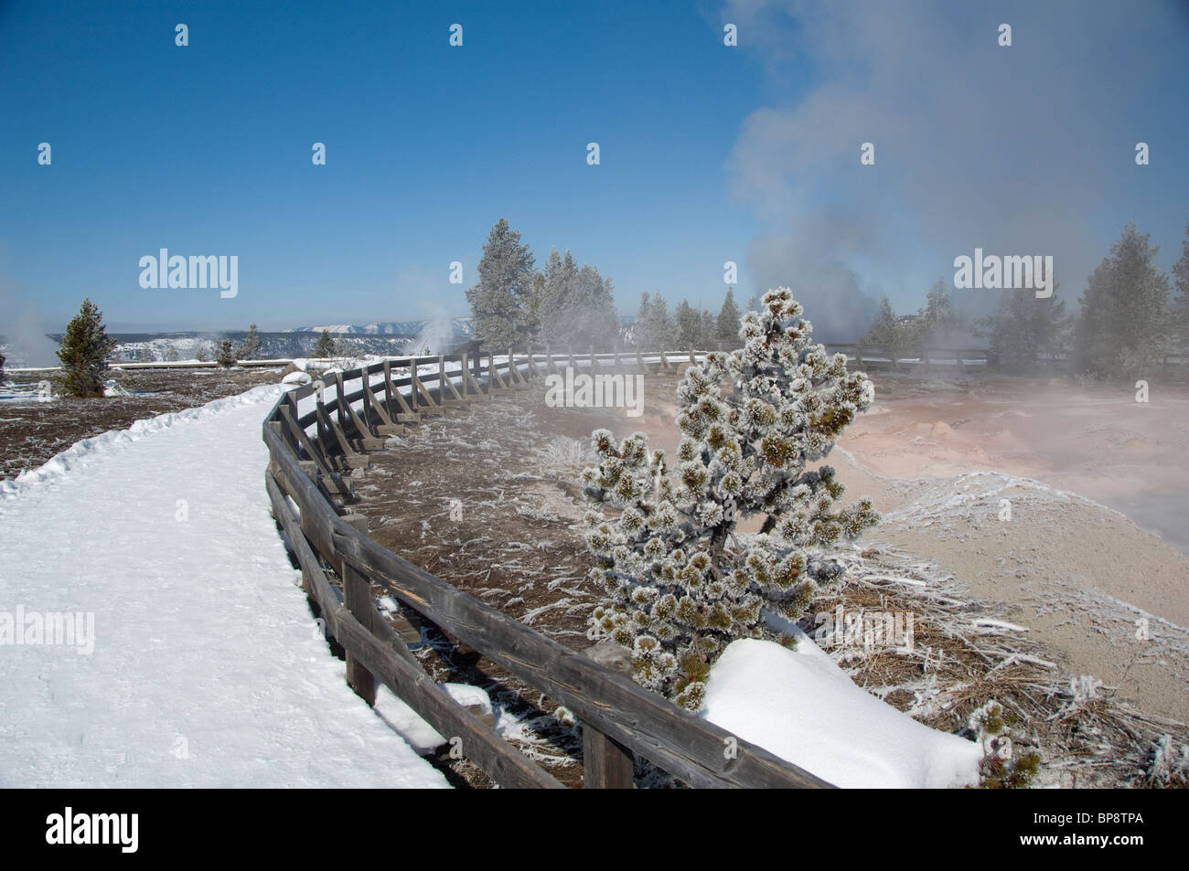 USA, Wyoming. Yellowstone-Nationalpark. Fountain Paint Pot Trail im Winter. Schneebedeckte Strecke neben heißen Schlammpfützen. Stockfoto
