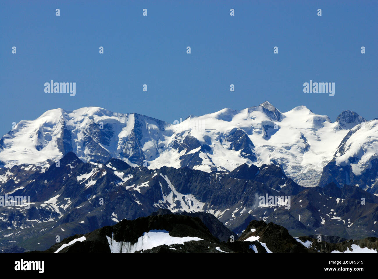 Panorama der Berninagruppe, Oberengadin, Engadin, Kanton Graubünden, Schweiz Stockfoto