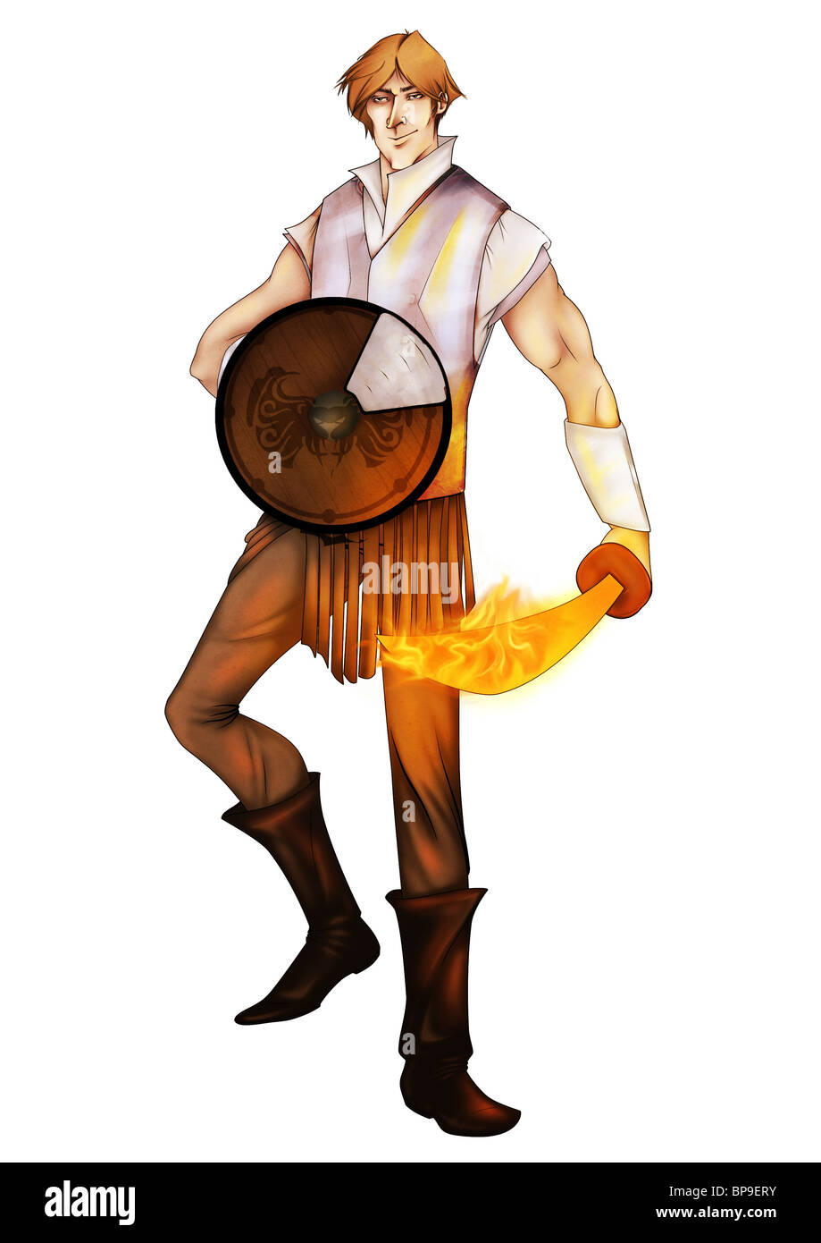 junge Krieger mit seinem Schild und Flammenschwert Stockfoto