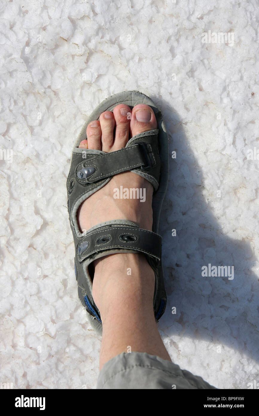 Nahaufnahme eines Fußes mit einer Sandale, verstärkt auf Salz unten die Larnaca salt Lake, Zypern, Europa Stockfoto