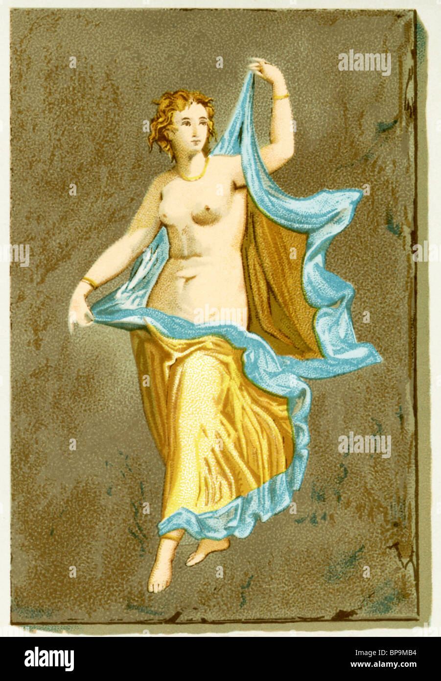 Ein buntes Fresko in Pompeji, aufgedeckt zeigt einen tanzenden Mänade, ein Anhänger des Dionysos, der Gott des Weines. Stockfoto