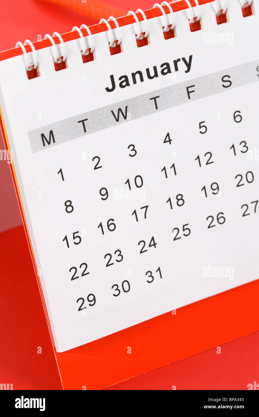 Rot-Kalender hautnah Januar Stockfoto