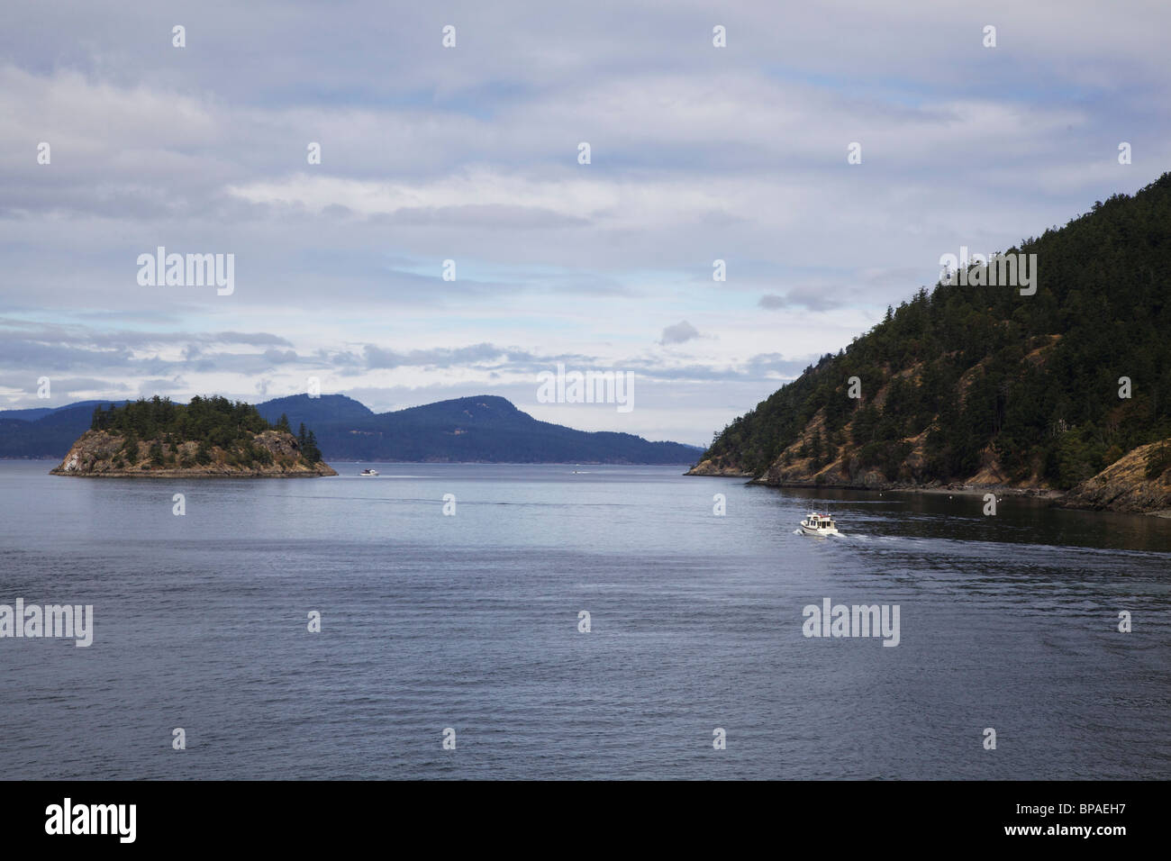 Eine Motoryacht am Südende der Insel Blakely. San Juan Islands, Washington Stockfoto