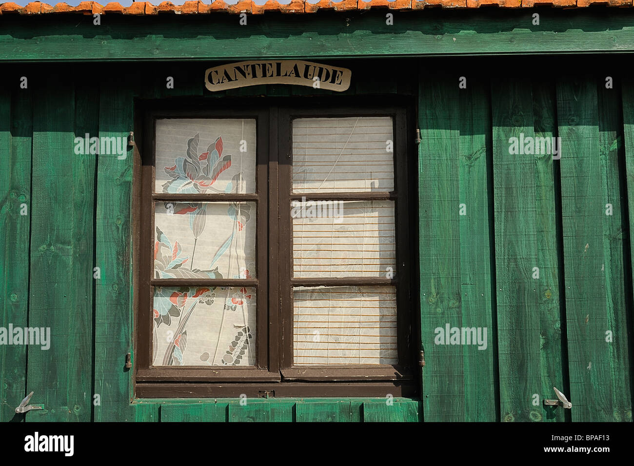 Fenster aus Holz Auster Hütte, Médoc, Südwest-Frankreich Stockfoto