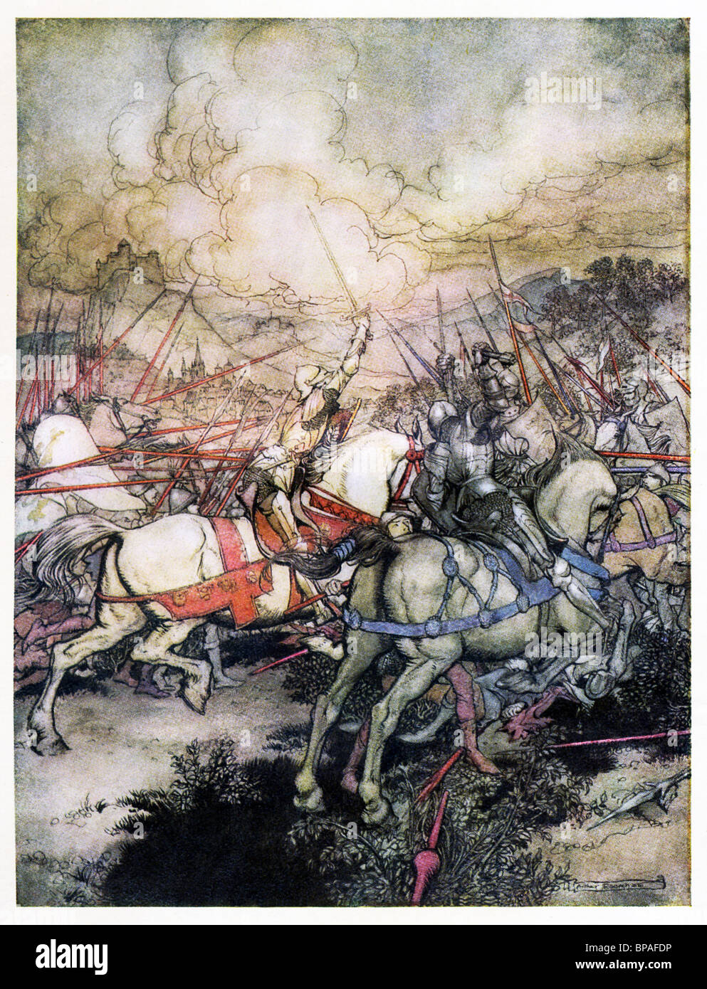 King Arthur sein Schwert Excalibur, das magische Kräfte haben gesagt wurde, wie er in den Kampf Fortschritte. Stockfoto