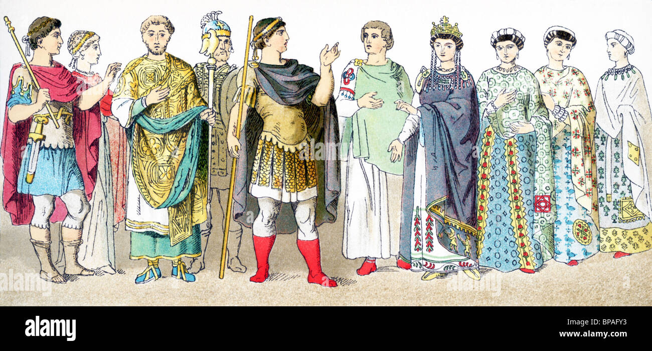 Byzantiner (300-700 n. Chr.): Theodosius, seine Gemahlin Aelia Flacilia, Konsul, Heraclius, Justinian, edel, Theodora, drei Adligen Stockfoto