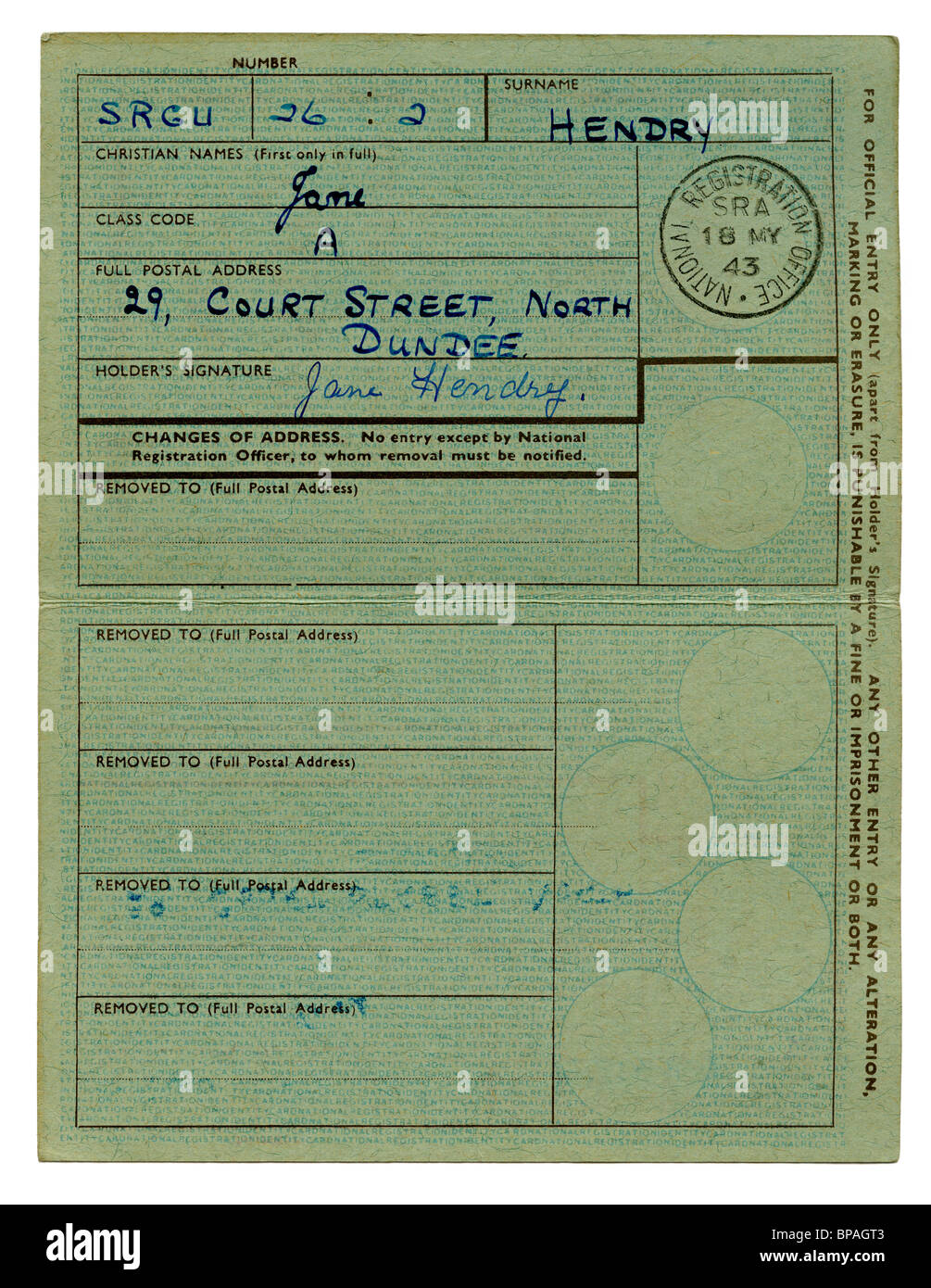 Innerhalb des britischen nationalen Personalausweis aus dem 2. Weltkrieg Stockfoto
