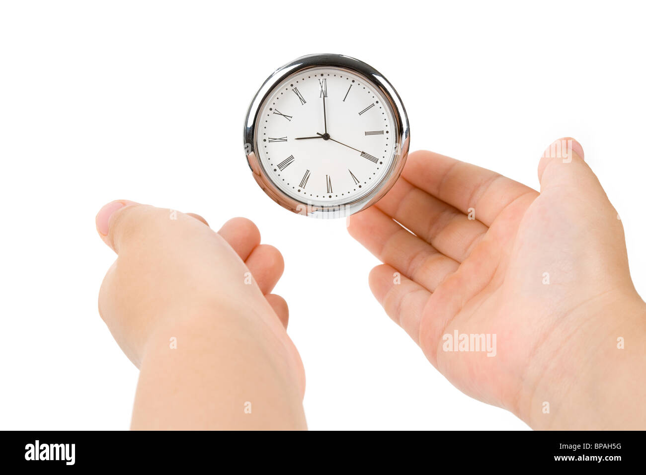 Uhr, Gesicht und Finger, Konzept der Zeitsteuerung und Balance Stockfoto