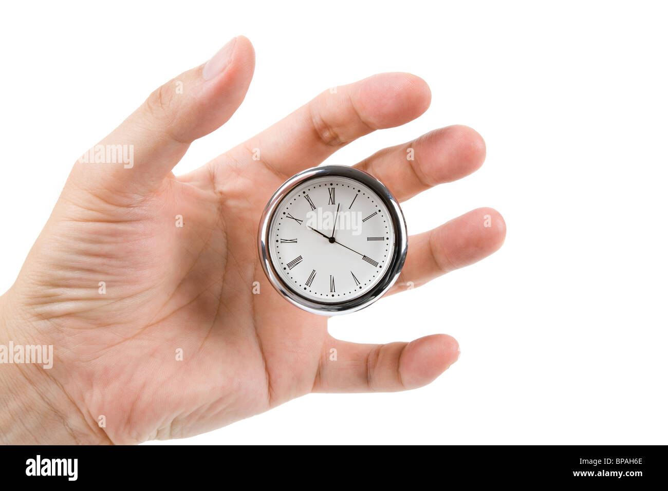 Uhr, Gesicht und Finger, Konzept der Zeitsteuerung und Balance Stockfoto