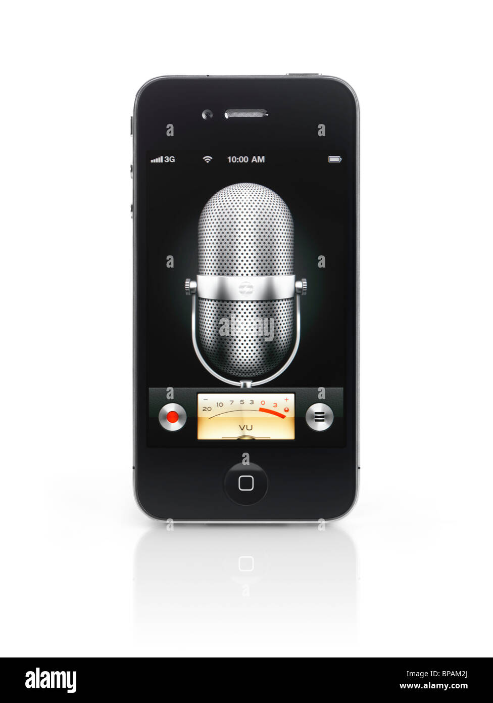 Apple iPhone 4 Smartphone mit Voice Memo Audiorecorder app auf seinem Display mit Beschneidungspfad auf weißen Hintergrund isoliert Stockfoto