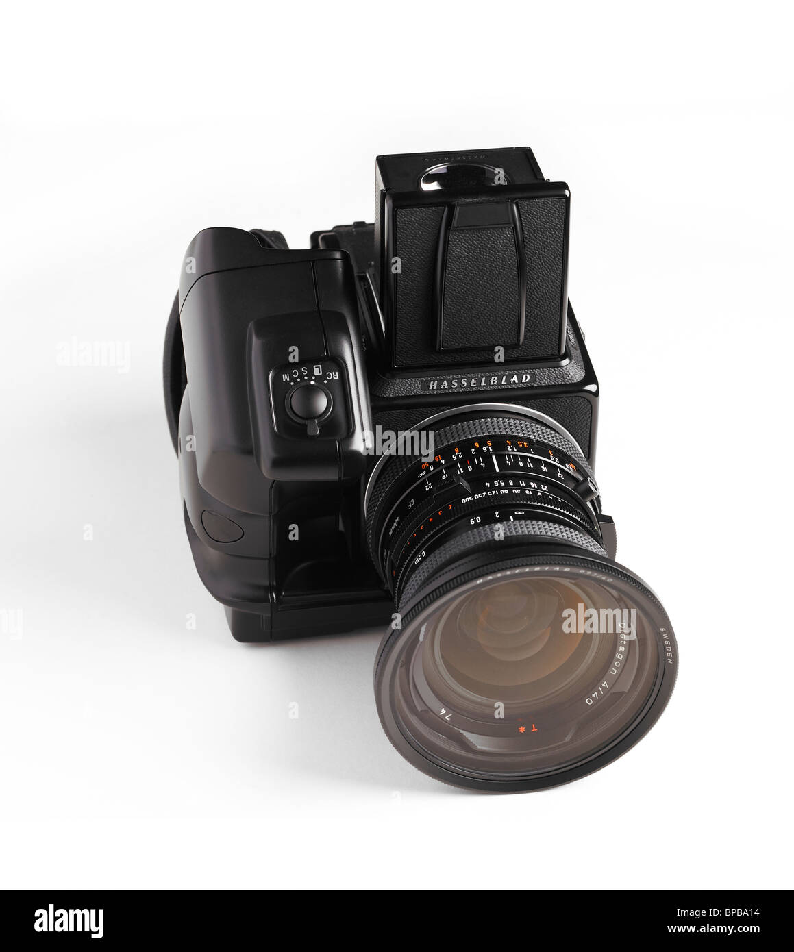 Hasselblad 503cw Kamera auf weißem Hintergrund Stockfoto