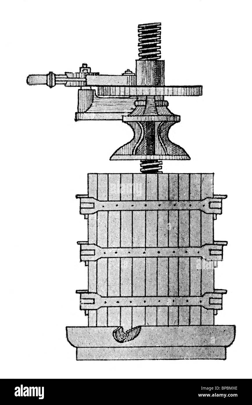 Drücken Sie, um Wein zu erarbeiten. Antike Darstellung. 1900. Stockfoto