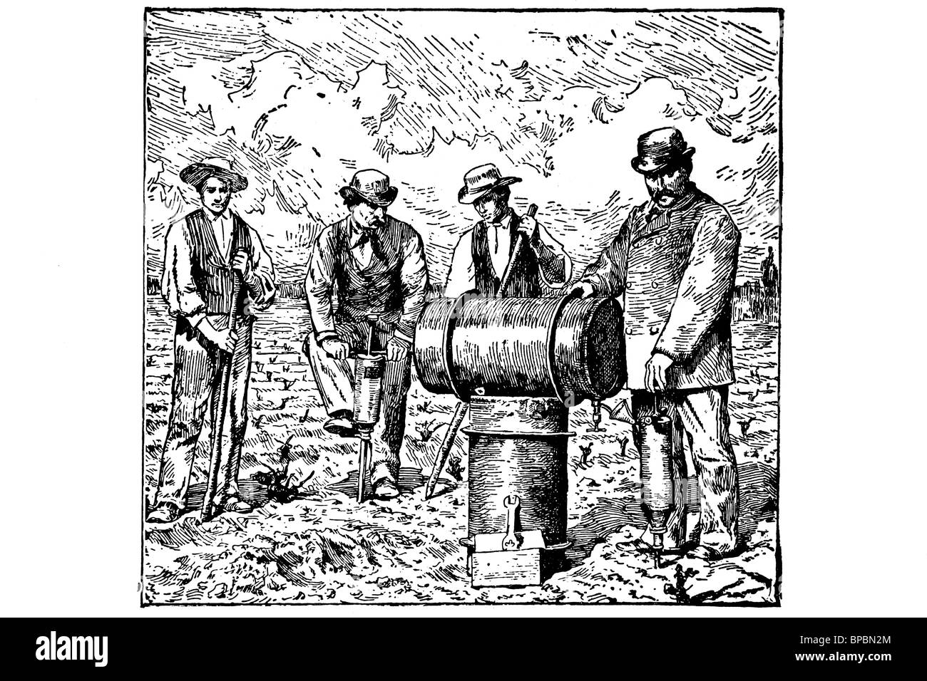 Boden-Sterilisation mit Schwefelkohlenstoff. Antike Darstellung. 1900. Stockfoto