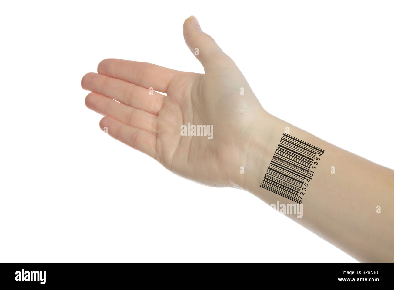 Eine menschliche Hand mit einem Barcode am Handgelenk. Alle isolierten eigenen Hite Hintergrund. Stockfoto