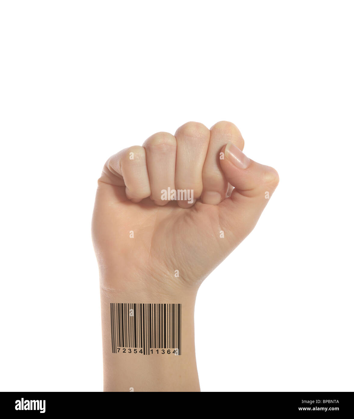 Eine menschliche Hand mit einem Barcode an seinem Handgelenk. Alle isoliert auf weißem Hintergrund. Stockfoto