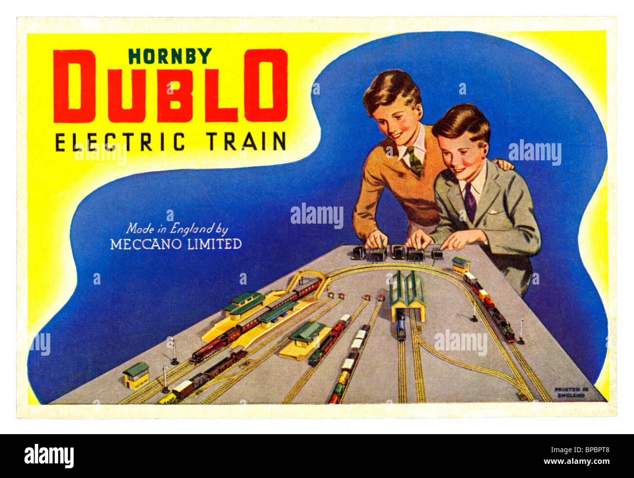 Illustriertes Etikett auf die Box Deckel der Hornby Dublo Post Krieg Spielzeug Zug-Sets in den 1950er und frühen 1960er Jahren Stockfoto
