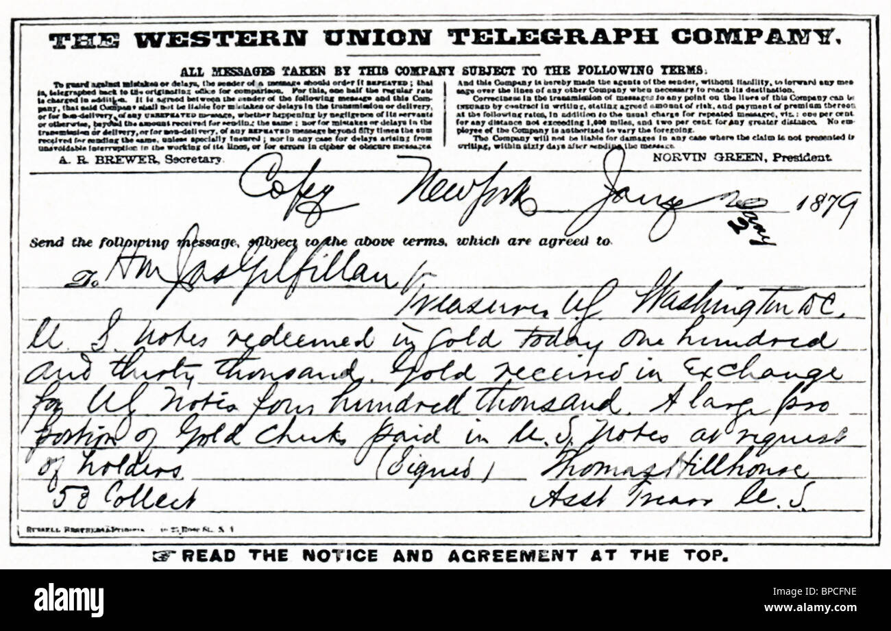 Dieses Telegramm kündigte das Ergebnis der ersten Tag "Wiederaufnahme" in der New York Sub Treasury 1879 Stockfoto