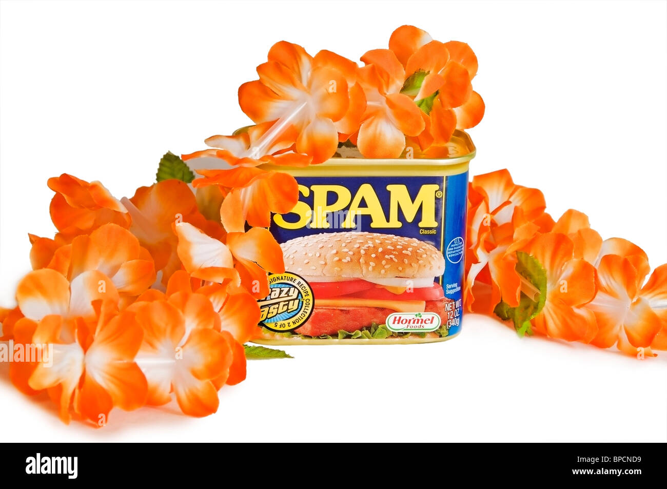 Eine ungeöffnete Dose Spam ist umgeben von einer künstlichen orange floral Lei. Stockfoto