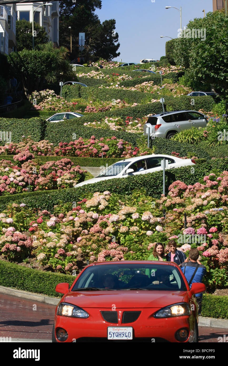 Die berühmte Lombard Street mit Haarnadel dreht, San Francisco, USA Stockfoto